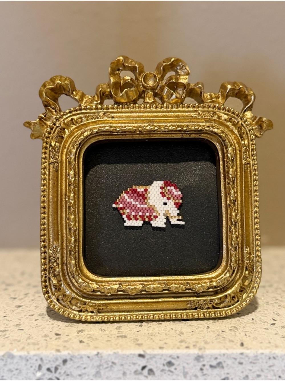 Hand-stitched Seed Bead Elephant Art, Miniature Ornate Gold Frame - Picture 7 of 7